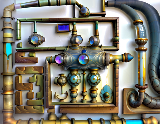 A surrealist wall of ornate metallic pipes and mechanical structures in teal, gold, and iridescent tones.