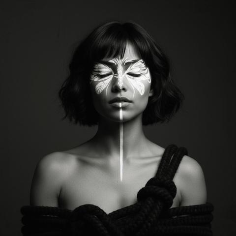 A woman with closed eyes has intricate white butterfly face paint on her forehead, with a vertical white line down her face. She is partially wrapped in thick black rope, set against a dark background, creating a dramatic and artistic contrast