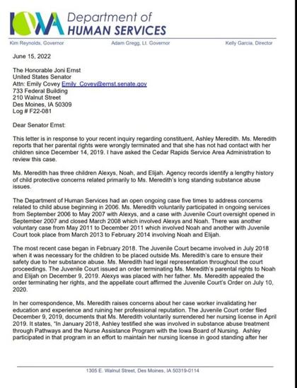 Response to Senator Ernst from Iowa DHS Legislative Liaison