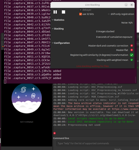 screenshot with bits of Siril gui and terminal, showing the gui stuck with the message "Live stacking waiting for files"