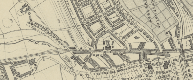 1918 Post Office map of Edinburgh, rotated to align Comiston Road on the long axis (it actually points north:south). The Braids terminus is on the left where the line representing the tramway peters out, Belhaven Terrace on the right at Morningside Station. Reproduced with the permission of the National Library of Scotland