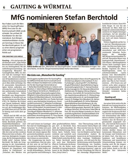 Umfassender Zeitungsartikel des Münchner Merkurs über die Aufstellungsversammlung von MfG/Piraten in Gauting