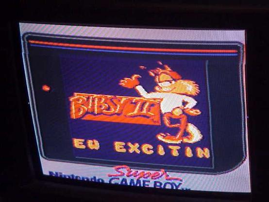 Bubsy II on the Game Boy, being played on a Super Game Boy on a CRT TV.