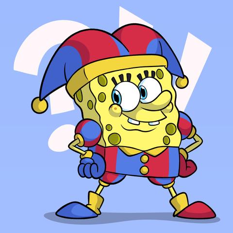 Spongebob cosplaying as Pomni from The Amazing Digital Circus