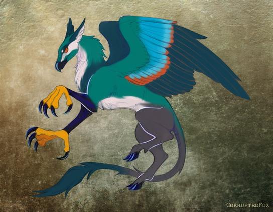 A side view of a hippogriff. They are mainly teal coloured and balancing on one leg. Sketch coloured digitally.