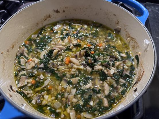 Enameled blue cast iron pot with soup.