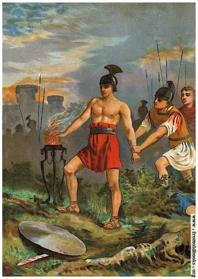 In this chromolithograph, a young man with a belt holding up his red breech-cloth or shorts, sandals, and the helmet of a warrior from Roman times, stands shirtless with his bare right arm extended over a hot and flaming brazier. Another soldier behind him tried to pull him away, but he is determined.
In the far background flames and smoke from the city walls of Rome.
In the foreground a shield on the ground, and under it, a blood-stained sword.