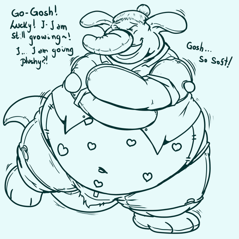 Junesekai got extremly happy after being transformed into a Massive, big Plushie of himself and he can't stop hugging for all the self-love he got for the transformation. His belly started to grown, filling with their new stuffing. His legs waddling for their new big wide size.
A Tail helping to Balance all their big cuddly inside, just filling him with a lot of Joy and Love~