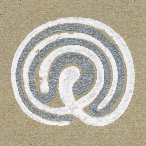 weißes Labyrinth und silberner Ariadnefaden, zweifarbiger Linoldruck auf Karton