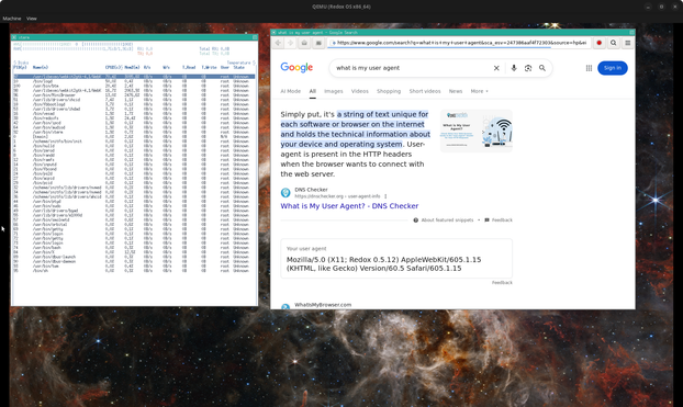 On the left, xterm showing btm output. On the right, webkitgtk3 with google open showing the browser's user-agent, which includes Redox.