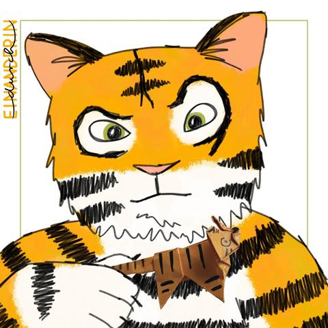 Collage aus digitaler Zeichnung mit einem fotografierten Element: ein skeptisch dreinblickender Tiger hält in seiner Pfote einen ein bisschen krumm gefalteten Origamitiger mit aufgemalten Tigerstreifen. (Der Origamitiger wurde fotografiert und in die Zeichnung eingefügt.)