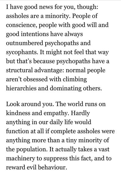 Text:

I have good news for you, though: assholes are a minority. People of conscience, people with good will and good intentions have always outnumbered psychopaths and sycophants. It might not feel that way but that's because psychopaths have a structural advantage: normal people aren't obsessed with climbing hierarchies and dominating others.

Look around you. The world runs on kindness and empathy. Hardly anything in our daily life would function at all if complete assholes were anything more than a tiny minority of the population. It actually takes a vast machinery to suppress this fact, and to reward evil behaviour.
