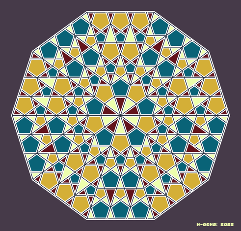 Abstract Geometrical Art. Tiling of blue and yellow pentagons, and white and red triangles.