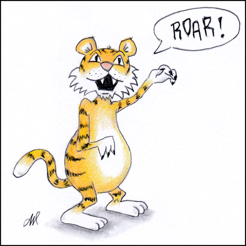 A drawing of a tiger standing upright on two legs. The tiger has a light yellow coat with dark brown stripes. It is smiling, showing its teeth, and has its arms outstretched in a gesturing motion. The tiger has large paws, a long tail, and pointed ears. Above the tiger's head is a speech bubble containing the text “ROAR!”.

Provided by @altbot, generated privately and locally using Gemma3:27