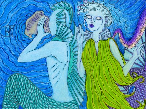 A merman to the left blows a conch shell, projecting a sigil to "Channel Vitality" through the rippling water of the ocean depths.  He has spiky aqua-coloured fins and gills, and an aqua tail that is only partly visible.  A mermaid seer to the right gazes up toward the center left with white eyes.  She is dressed in kelp, webbed hands upheld, with hair like anemone tentacles and pale aqua gills with a purple and aqua tail.  A purple and pink octopus tentacle reaches down from the right to tap her on the shoulder.