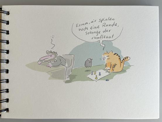 Tiger sagt zum Katzengeist: komm wir spielen noch eine Runde, solange der rumflennt.
Gemeint ist Thuni, der am Schreibtisch Trübsal bläst.