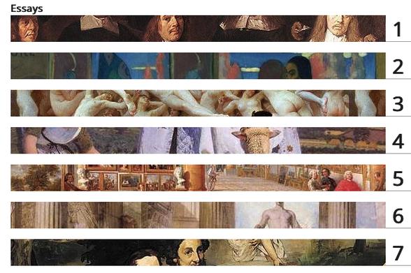 A collage showing excerpts of paintings arranged in seven horizontal sections, each labeled with a number, symbolizing essays from the book 'Ways of Seeing'.