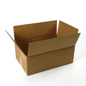 Empty cardboard box viewed from above, with flaps partially open.