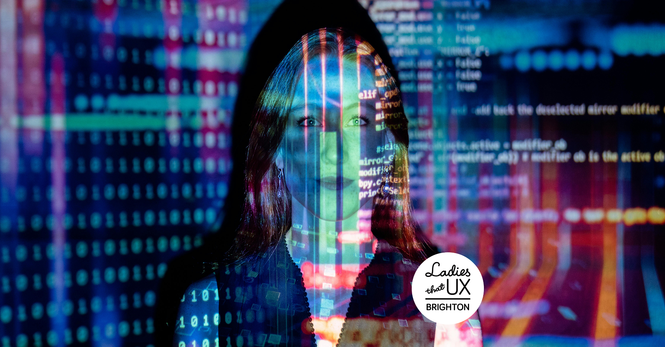 A woman gazes towards and slightly above the camera. Code and bright colours are projected over her face to indicate technology, AI, and innovation. The LTUX Brighton logo badge is on the bottom right.