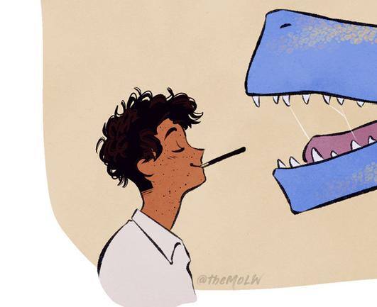 person with a pocky between their lips and the open jaws of a dragon entering the frame