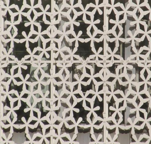 A white window grille made of curved five-pointed stars like an asterisk *. Some stars meets three at a point, in other places there are gaps. The gaps have different shapes like stars, rhombuses and concave hexagons.