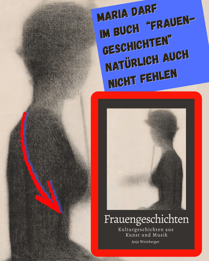 Ein rechteckiges Bild. Ein Großteil des Bildes besteht aus einem Schwarzweißportrait einer Person mit lockigem Haar. Der Hintergrund der Person ist ein dunkles Schwarz, während die Person selbst einen helleren Farbton aufweist, der einen Kontrast bildet. Ein roter Rahmen umgibt einen Teil des Bildes und enthält den Text „MARIA DARF IN BUCH „FRAUEN-GESCHICHTEN“ NATÜRLICH AUCH NICHT FEHLEN“.