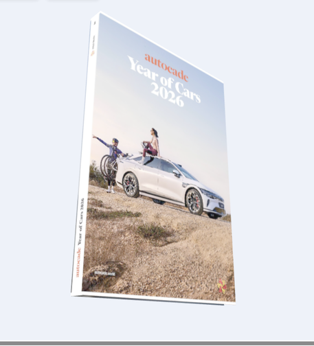 A 3D rendering of the cover and spine of Autocade Year of Cars 2026.
