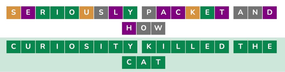 Phrazle puzzle successfully answered in two guesses with: "curiosity killed the cat"
