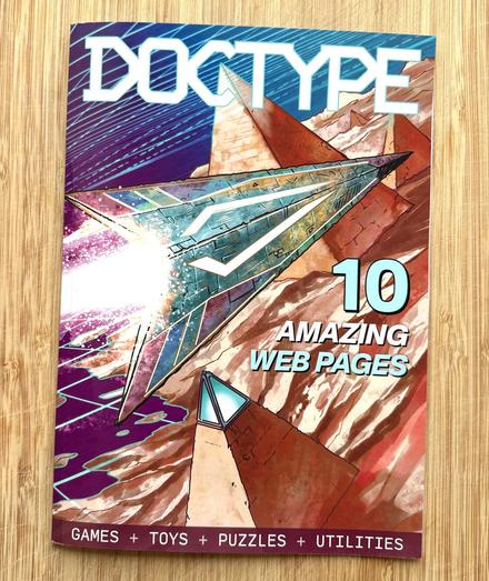 DOCTYPE magazine cover with “10 amazing web pages” over a scene of a spaceship flying over pyramids