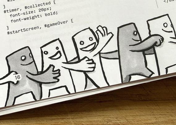 Illustrated characters doing the conga at the bottom of a page