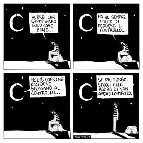 Una persona siede su una roccia sotto una luna crescente, riflettendo sulla paura di perdere il controllo e sul consiglio (della stessa luna) di superare la paura di non avere il controllo.