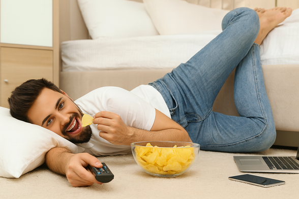 La imagen muestra a un hombre joven con barba que está disfrutando de un momento de relajación en lo que parece ser un dormitorio.

Postura y Ambiente: El hombre está tumbado boca arriba en una alfombra de color crema, con la cabeza apoyada en una almohada blanca y su cuerpo parcialmente extendido hacia la cama que se ve detrás de él.

Vestimenta: Viste una camiseta blanca y pantalones de mezclilla (jeans) azules.

Actividades:

Sostiene un mando a distancia (control remoto) de televisión en su mano izquierda, sugiriendo que está viendo algo o a punto de hacerlo.

Está comiendo una patata frita (chip) que lleva a su boca con la mano derecha, y tiene una expresión alegre y sonriente.

Objetos: Delante de él, en la alfombra, hay un bol de cristal lleno de patatas fritas. También se distinguen otros objetos de tecnología personal cerca de sus pies, incluyendo un portátil (laptop) y un teléfono móvil (smartphone).

En general, la imagen transmite una sensación de comodidad, ocio, y relajación.