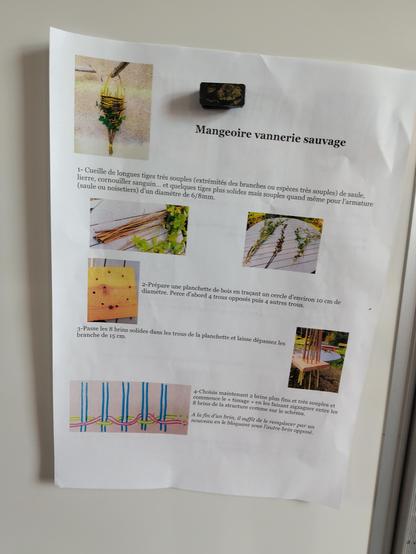 Photo du recto de la fiche de construction d'une mangeoire en vannerie