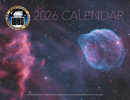2026 calendar cover featuring a vibrant cosmic nebula and the Westport Astronomical Society logo.