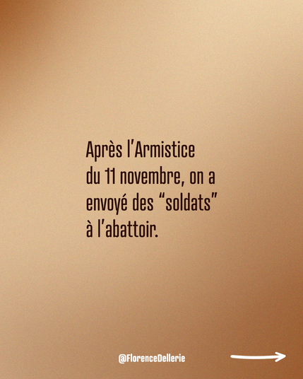 Visuel dont le fond est dans les tons dégradés marron-beige. Il est écrit : « Après l’Armistice du 11 novembre, on a envoyé des “soldats” à l’abattoir. »