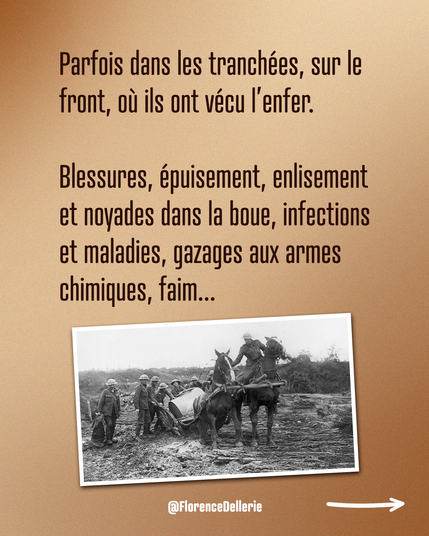 Visuel dont le fond est dans les tons dégradés marron-beige. Il est écrit : « Parfois dans les tranchées, sur le front, où ils ont vécu l’enfer. Blessures, épuisement, enlisement et noyades dans la boue, infections et maladies, gazages aux armes chimiques, faim… »