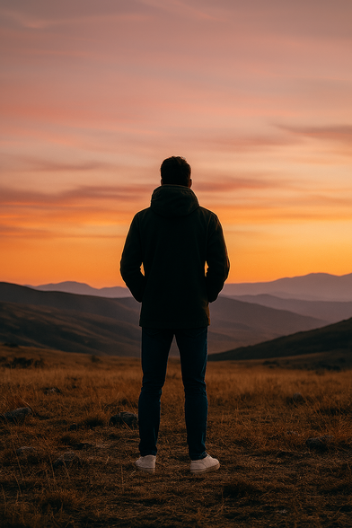 La imagen es una toma atmosférica y cautivadora de un individuo en un paisaje abierto al atardecer.
Sujeto: Un hombre visto de espaldas, parado en el centro de la toma.
Viste una chaqueta oscura con capucha (posiblemente verde oscuro o negra) y pantalones oscuros (posiblemente jeans), con las manos metidas en los bolsillos.
Lleva puestas zapatillas blancas.
Su silueta está definida por la luz del atardecer, dándole un contorno marcado.
Escenario: El hombre está parado sobre una superficie de terreno seco y herbáceo, que ocupa el primer plano.
En el fondo, se extiende un paisaje de colinas y montañas onduladas.
Las montañas se ven en capas y se vuelven gradualmente más claras y azuladas a medida que se alejan, creando una sensación de profundidad y perspectiva atmosférica.
Luz y Atmósfera: El momento clave de la imagen es el atardecer.
El cielo está dominado por tonos intensos de naranja, rojo, amarillo y un toque de rosa, que se difuminan hacia el horizonte.
La luz cálida del cielo contrasta con la sombra y los tonos terrosos del suelo y las montañas.
En general, la imagen evoca una sensación de contemplación, aventura, y la majestuosidad de la naturaleza.
