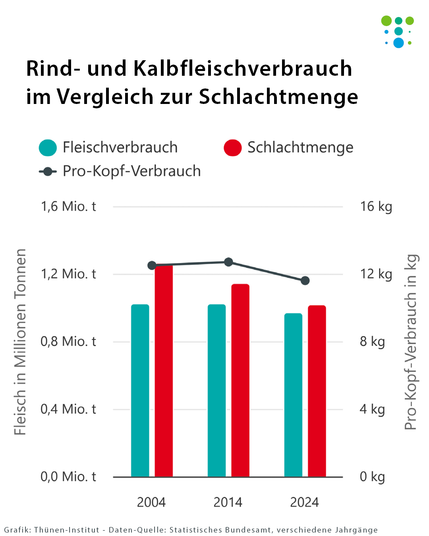 Balkendiagramm zeigt Rind- und Kalbfleischverbrauch (türkis) und Schlachtmenge (rot) in Millionen Tonnen für 2004, 2014, 2024 sowie Pro-Kopf-Verbrauch (schwarze Linie) in Kilogramm.
