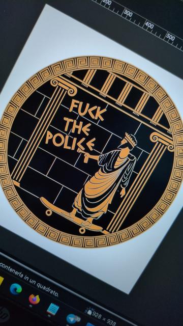 Grafica in stile antica Grecia con scritta su muro "Fuck the police"