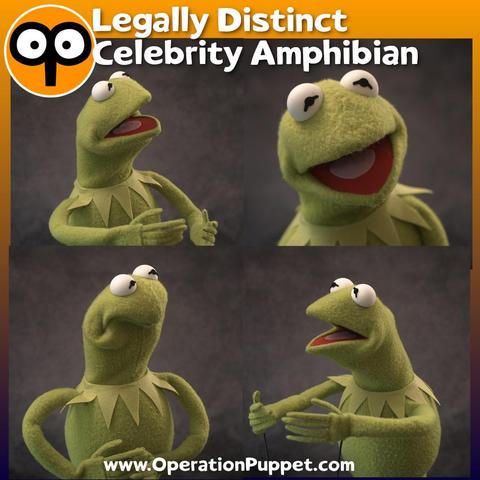 four images of a hand puppet that resembles but it legally distinct from Kermit the Frog