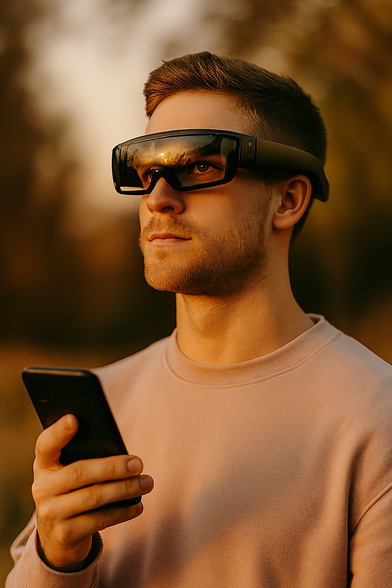 La imagen es un retrato de cerca de un hombre joven utilizando lo que parecen ser gafas de realidad aumentada o "smart glasses".

Sujeto: Un hombre joven con cabello corto y una barba corta cuidada.

Viste una sudadera o camiseta de manga larga de color claro (posiblemente rosa pálido o beige).

Su mirada está dirigida ligeramente hacia arriba y a la izquierda, con una expresión de concentración o atención.

Tecnología y Accesorios:

Lleva puestas unas gafas tecnológicas grandes y oscuras que cubren gran parte de sus ojos, similares a las gafas de sol deportivas, pero con un diseño más futurista, típico de la realidad aumentada (AR) o realidad mixta (MR).

En su mano derecha, sostiene un teléfono móvil (smartphone) oscuro en posición vertical, aunque la pantalla no es visible.

Luz y Ambiente:

La imagen está tomada en un entorno exterior y natural, con un fondo desenfocado que sugiere árboles o vegetación.

La luz es cálida y dorada, característica de la hora dorada (atardecer), que se refleja intensamente en las lentes oscuras de las gafas.

En conjunto, la imagen sugiere un tema de tecnología, innovación, y el uso de dispositivos inteligentes en entornos cotidianos o al aire libre.