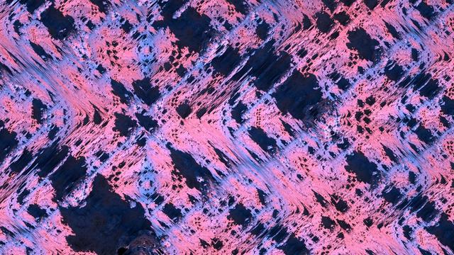 A tiled fractal landscape of ridges, towers, peaks and troughs, repeating in an offset grid structure, seen from above, stark black hard shadows define the highs and lows. The colours are pinks and purples.