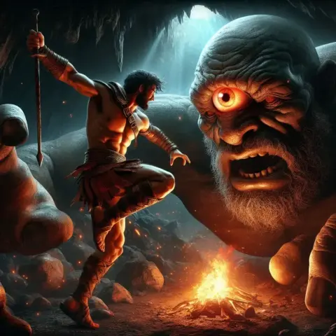 La imagen es una representación intensa y dramática, generada por computadora, del mito griego de Odiseo (Ulises) cegando al cíclope Polifemo dentro de su cueva.

Odiseo: Está en el primer plano en una pose dinámica y musculosa, con atuendo de guerrero, y sostiene una lanza o estaca afilada en alto, listo para atacar.

Polifemo: Domina el fondo como una figura colosal, con un único ojo central que brilla intensamente en rojo o naranja por la luz del fuego, y una expresión de furia y agonía.

Escenario: Se desarrolla en una cueva oscura y rocosa.

Atmósfera: Está iluminada dramáticamente por una fogata en el centro, creando un ambiente de peligro inminente, fuego y acción.

La escena captura el momento de máximo conflicto y la astucia de Odiseo para escapar del gigante.