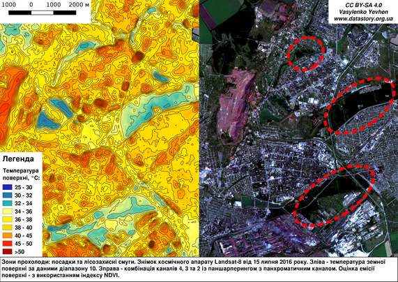 Cooler zones correspond to shelterbelts and forest strips that mitigate local heat.