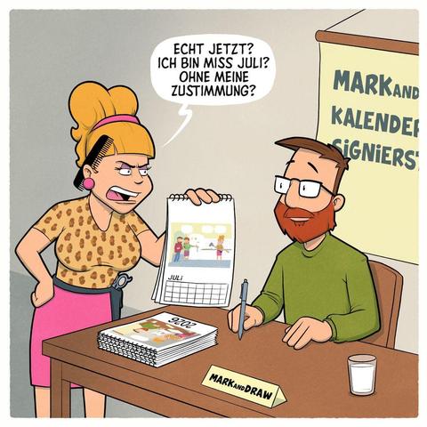 **Weltpremiere! Der Mark and Draw Cartoon-Kalender 2026**
Ab sofort kannst du meinen brandneuen A4-Wandkalender in meinem Shop bestellen.
**12 Monate – 12 Cartoons**
Lass dich jeden Monat von einem bunten und witzigen Cartoon aus meiner Feder erheitern.
Die Auflage ist stark limitiert – es gibt nur **25 Exemplare**! Also sichere dir jetzt dein Exemplar, bevor sie vergriffen sind.
Der Versand startet ab dem **20.11.2025**.