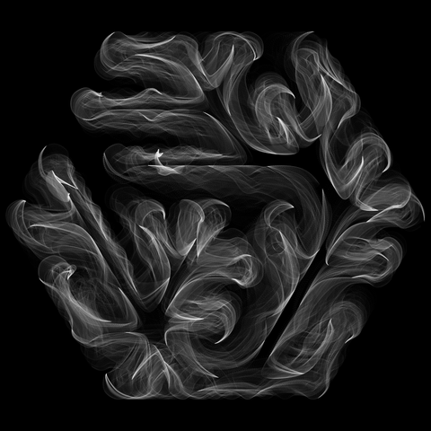 generative art, lots of grey transparent curves produce a structure with shades of grey along a tree graph