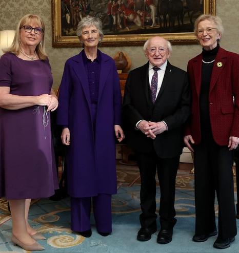 President Catherine Connolly (centre left) with her three living predecessors: Mary McAleese (left), Michael D Higgins (centre right), and Mary Robinsin (right)