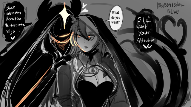 Monochrome art featuring Abyssal Silja standing behind Her human iteration counterpart, Wynne. 

Abyssal Star saying "Such interesting iteration, You fascinate silja <3"

Wynne saying "What do you want?"

Abyssal silja saying "Silja want your attention <3"