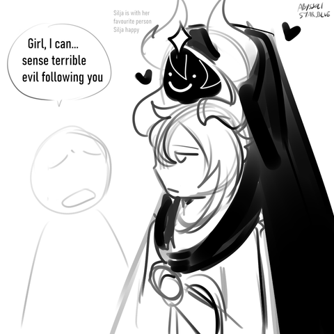 Scribble art featuring Wynne going to grocery shopping while having silja going with her and resting her head on Wynne and hugging her. Normal person can't see silja but one psychic person said "Girl, I can... sense terrible evil following you" to which Wynne is just looking at them but didn't say anything. Meanwhile silja is pretty happy and saying "Silja is with her favourite person, Silja happy"