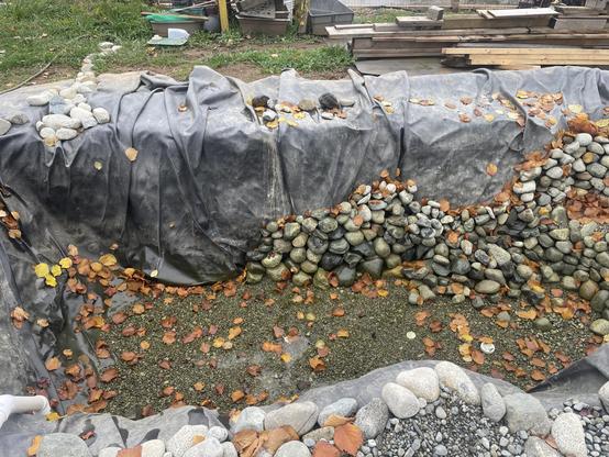 this morning pond is a large empty hole again with some rocks, layered and piled along the side lots of leaves